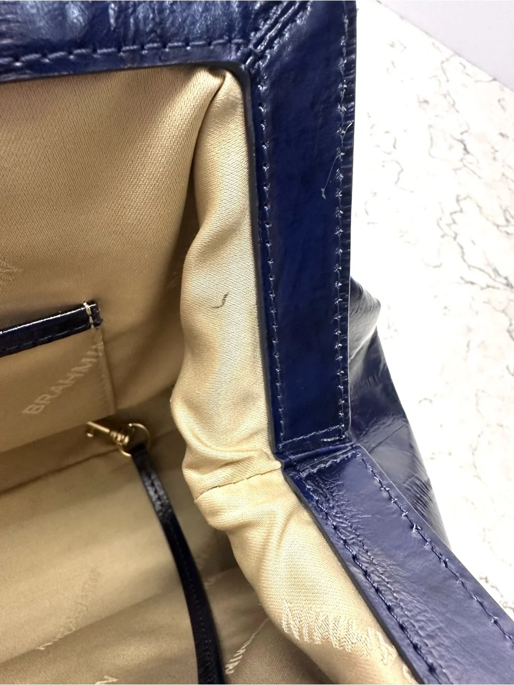 Brahmin Layla Dark Blue Structured Bag Embossed Eel Print Leather Magnetic Close